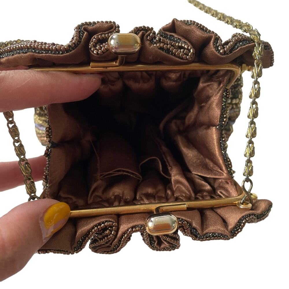 Vintage 1980s Beaded Evening Bag Kisslock Chain Strap Brown Purple Gold EUC - Picture 6 of 12